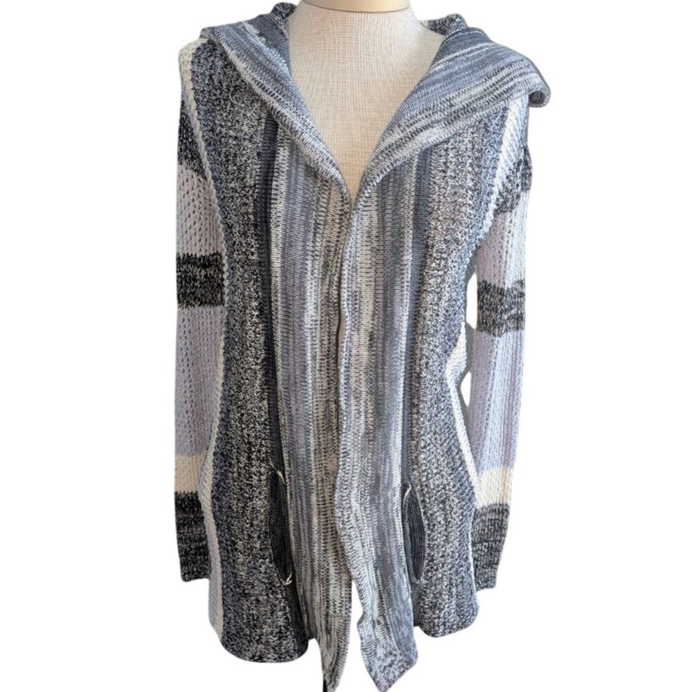 Womens Elan Cotton Open Front Hooded Striped Cardigan Gray White Black Sz S